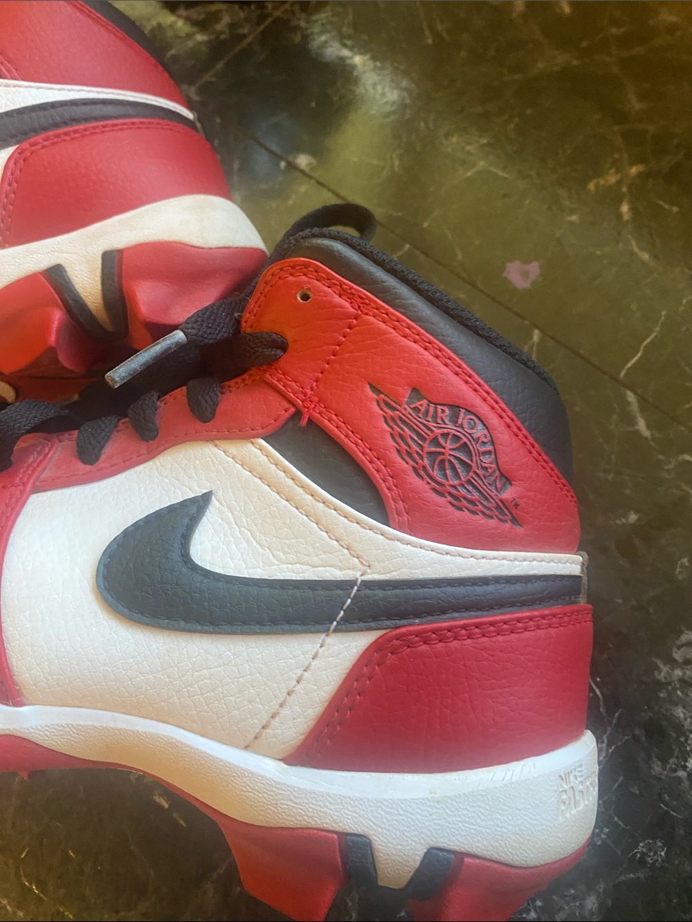 Nike Kids Red White Black High-Top cleats with Swoosh